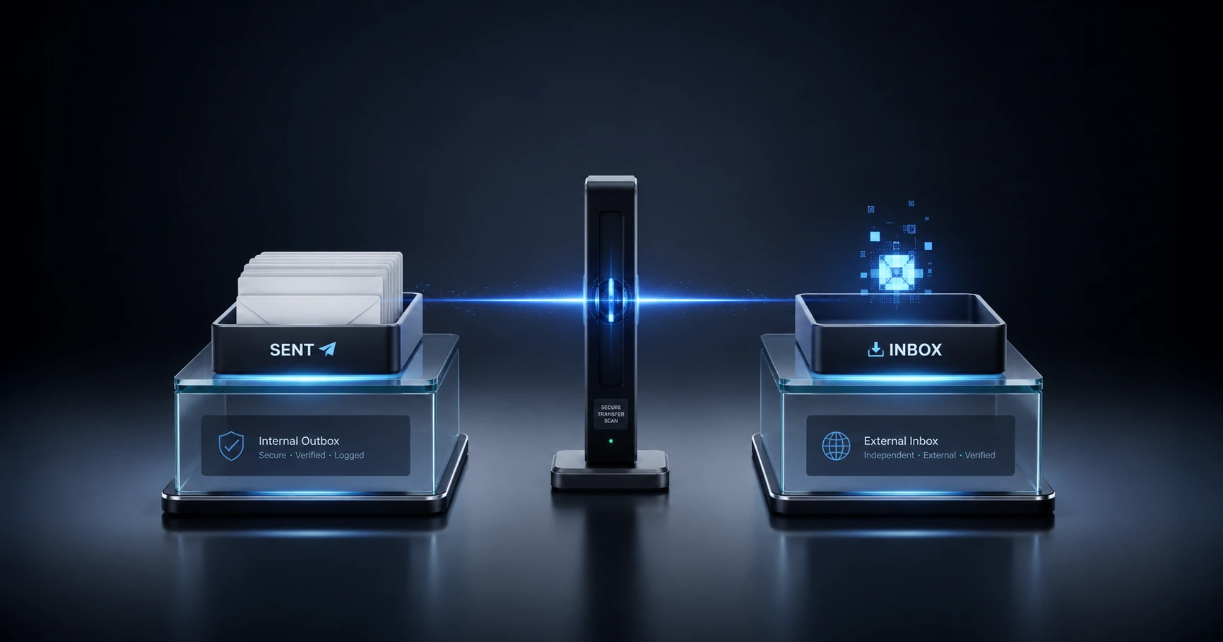 A sleek 3D illustration of a controlled laboratory testing environment for digital emails, showing a clear separation between a sender's outbox and a testing inbox.