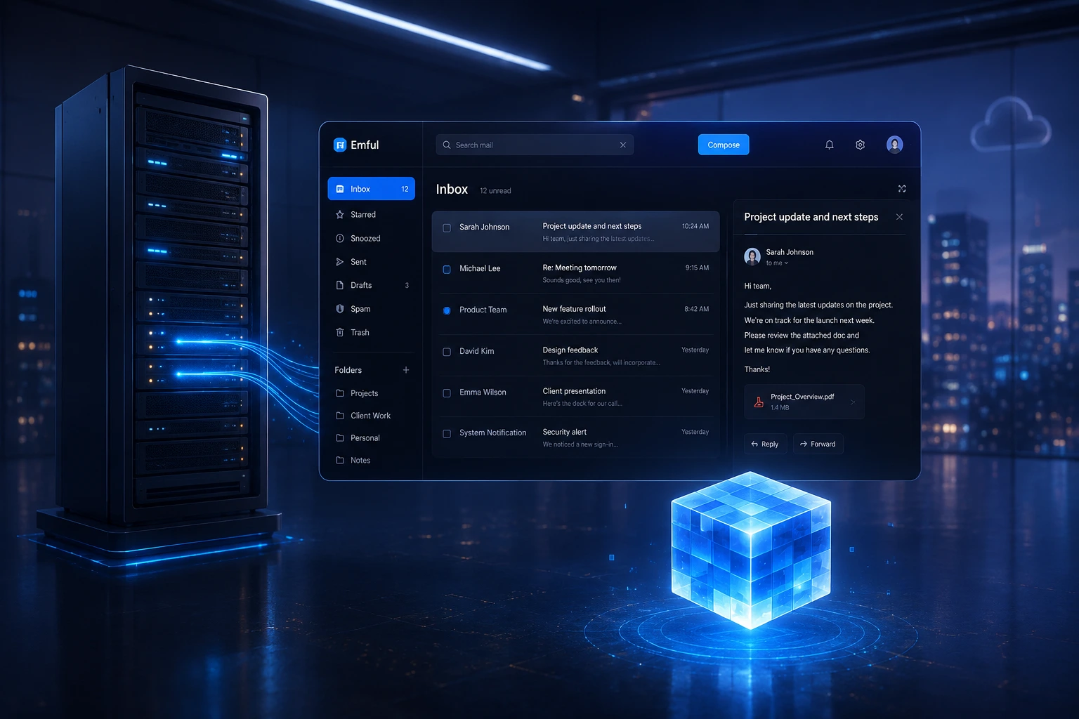 3D illustration of a server rack routing professional emails alongside an isolated, floating tracking pixel