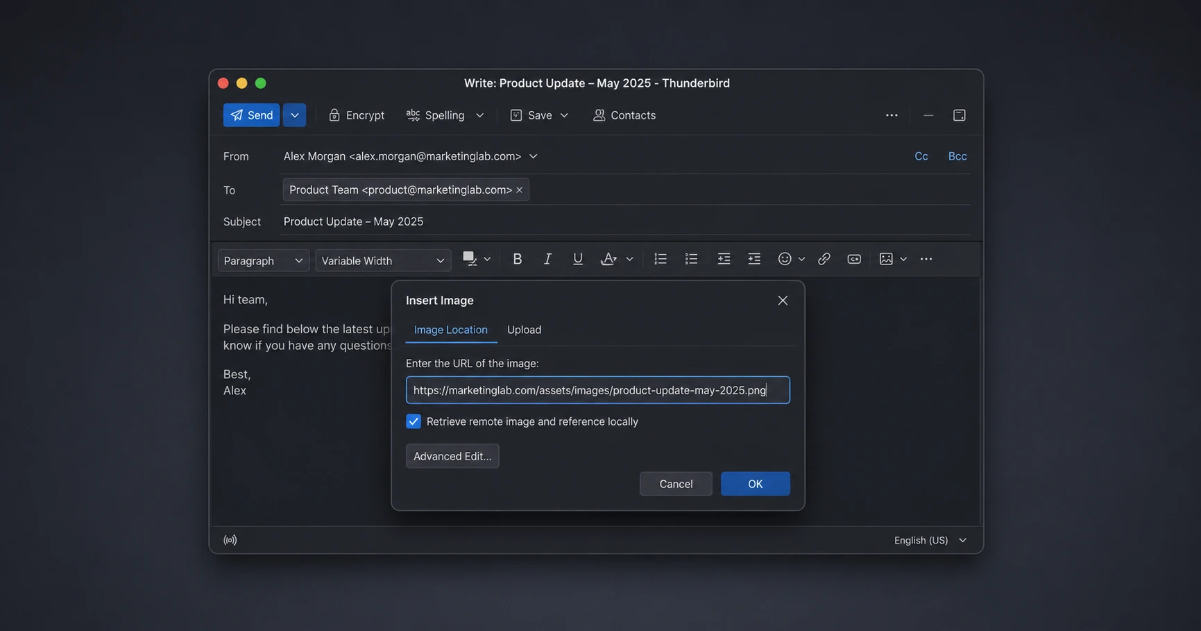 Clean Mozilla Thunderbird email interface showing the Insert Image dialog box with a tracking pixel URL