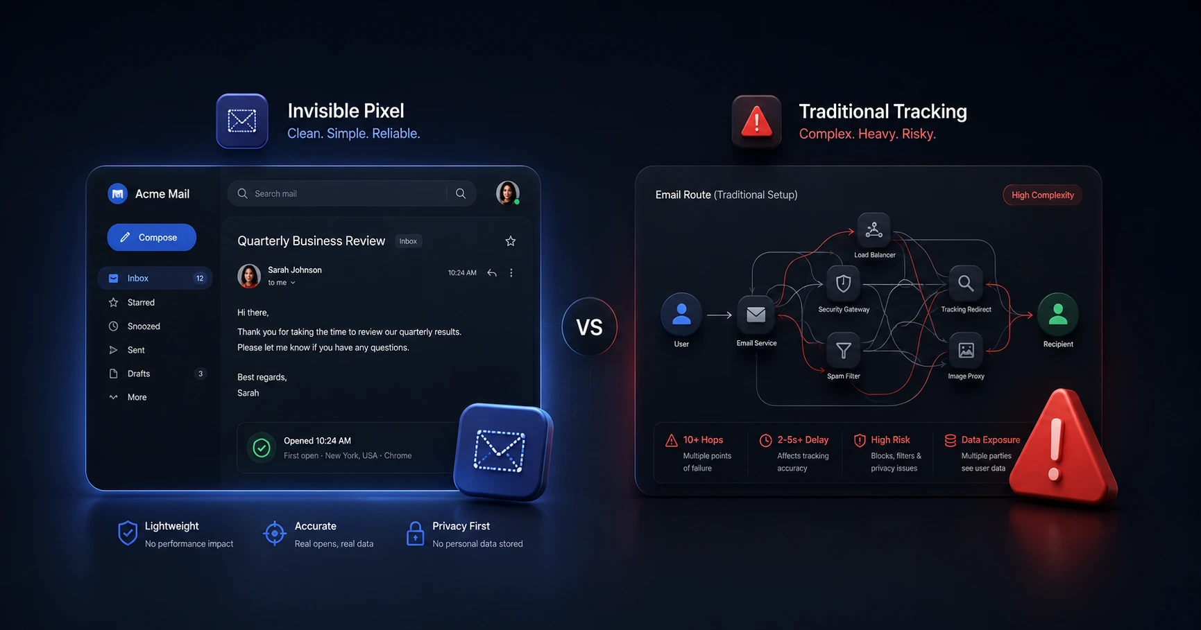 Conceptual 3D illustration showing a clean email interface next to a complex network routing diagram