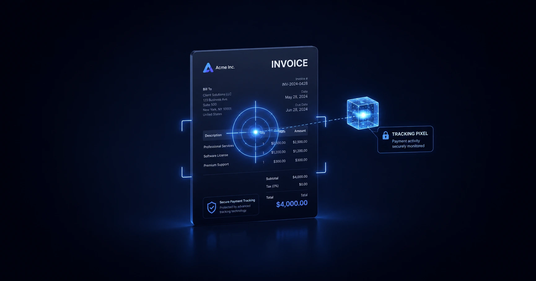 A sleek 3D illustration of a digital invoice document with a glowing, transparent tracking pixel locking onto it, representing secure payment tracking.
