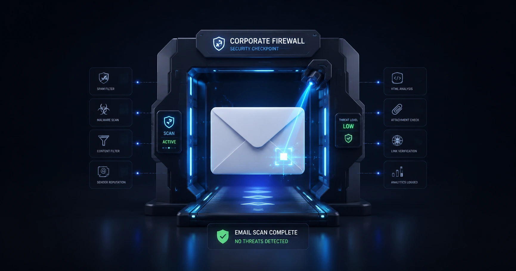 A 3D illustration of an email passing through a high-tech corporate firewall checkpoint, triggering an immediate security scan.